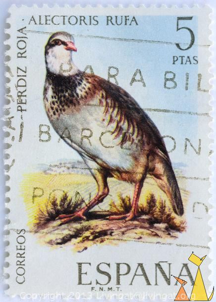 Red-legged_Partridge_Espana_Spain_stamp_bird_FNMT_5_Ptas_Correos_Perdiz_Roja_Alectoris_rufa