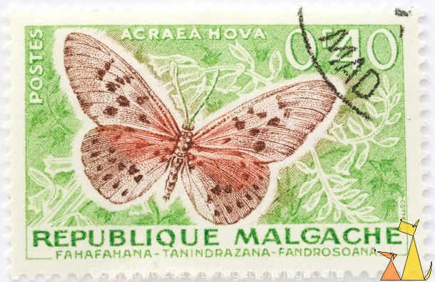 Republique_Malgache_Madagascar_stamp_insect_butterfly_Postes_0_40_F_Cottet_hova_Fahafahana_Tanindrazana_Fandrosoana